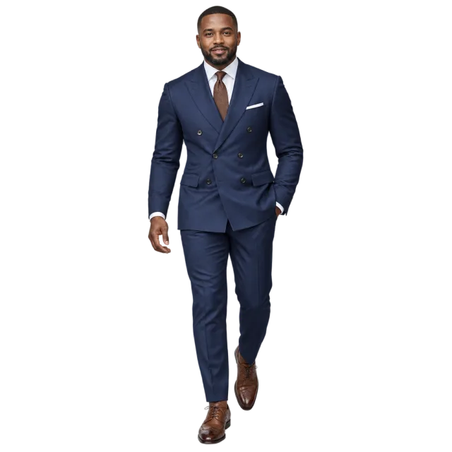 Man in a navy double-breasted suit, tie and brown shoes