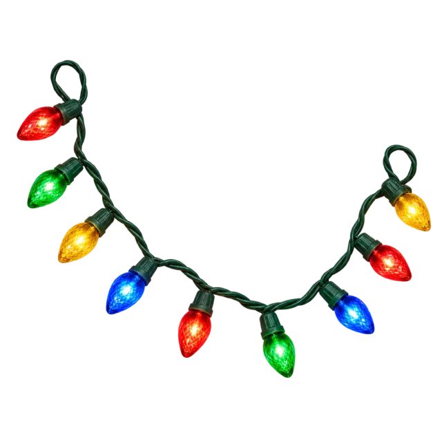 A curved strand of red, green, yellow and blue Christmas light bulbs