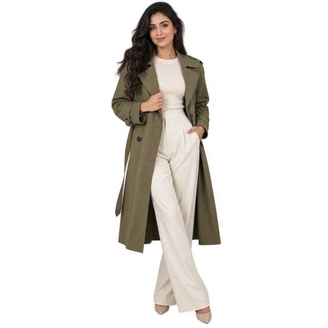Woman wearing a long olive trench coat over a cream outfit