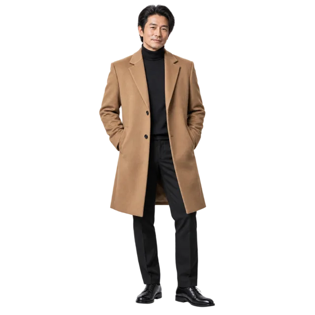 Man in a camel overcoat over a black turtleneck and trousers
