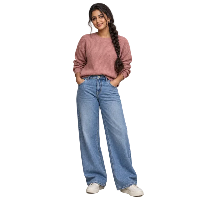 Woman wearing a rose-colored sweater, wide-leg jeans and white shoes