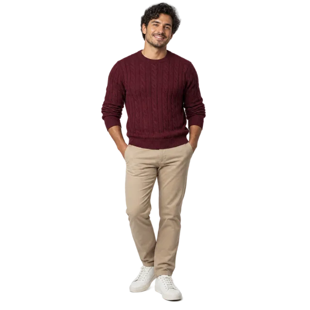 Man in a burgundy sweater, beige trousers and white sneakers