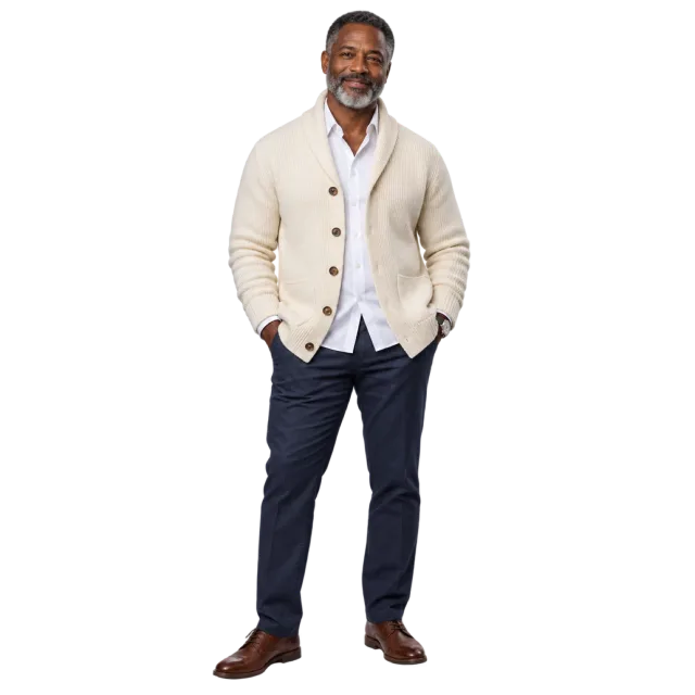 Man standing with his hands in his pockets in a cream cardigan and navy trousers