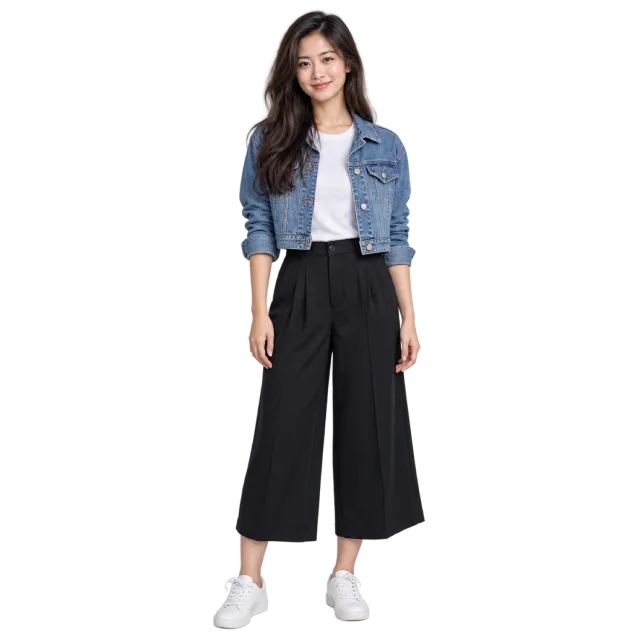 Woman wearing a blue denim jacket, white top and black cropped wide-leg trousers