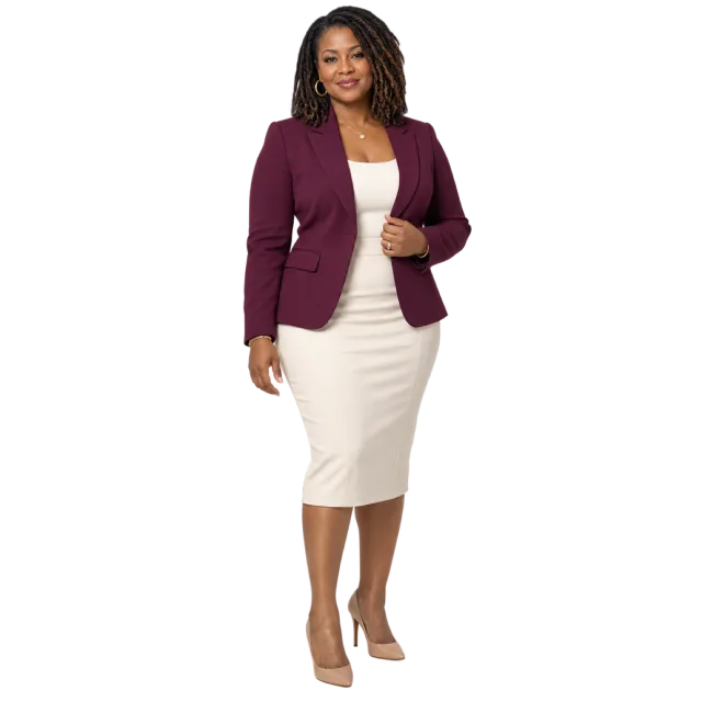 Woman wearing a plum blazer over a cream dress with neutral heels