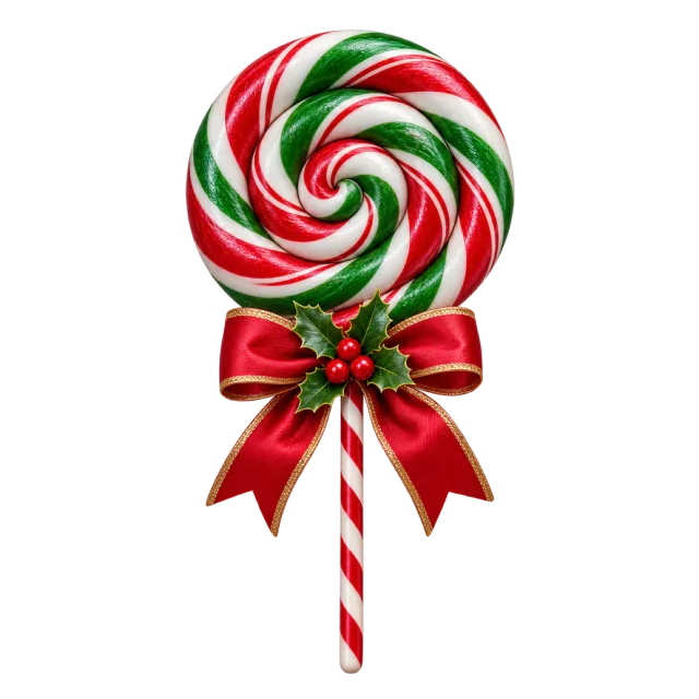 A spiral lollipop with festive stripes, a red bow and holly decoration