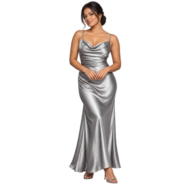 Woman in a long silver-colored dress with a draped neckline