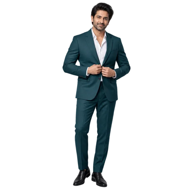 Man adjusting the front of a deep teal suit over a white shirt