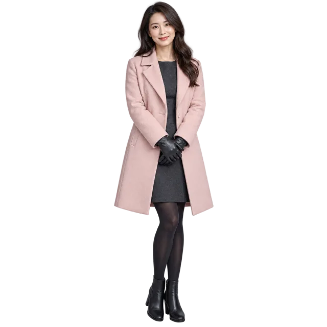 Woman wearing a pale pink coat over a dark outfit with black gloves and boots