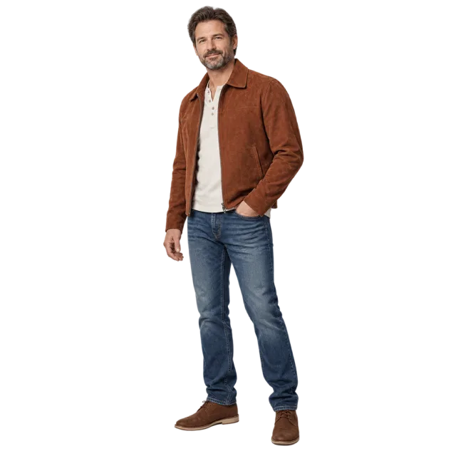 Man in a rust brown jacket, light shirt, blue jeans and brown shoes