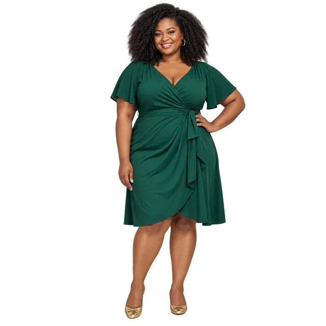 Woman standing with one hand on her hip in an emerald wrap dress