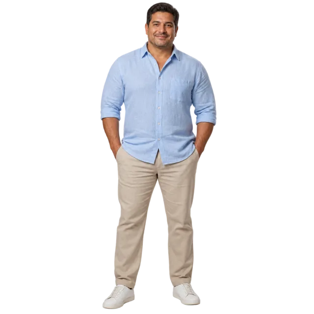 Man wearing a light blue rolled-sleeve shirt, beige trousers and white shoes