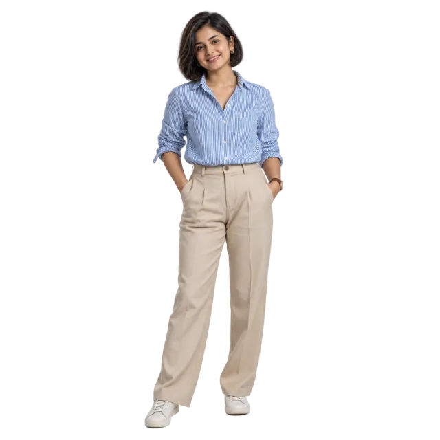 Woman wearing a blue striped shirt tucked into beige trousers