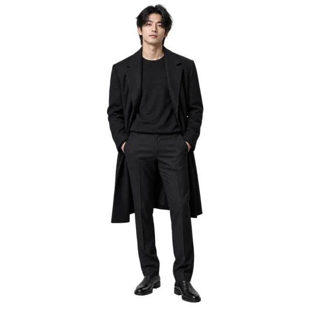 Man wearing a long black coat over a matching black shirt and trousers