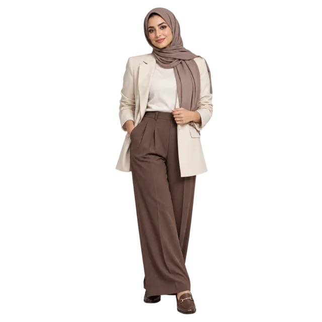 Woman wearing a taupe headscarf, cream blazer and brown wide-leg trousers
