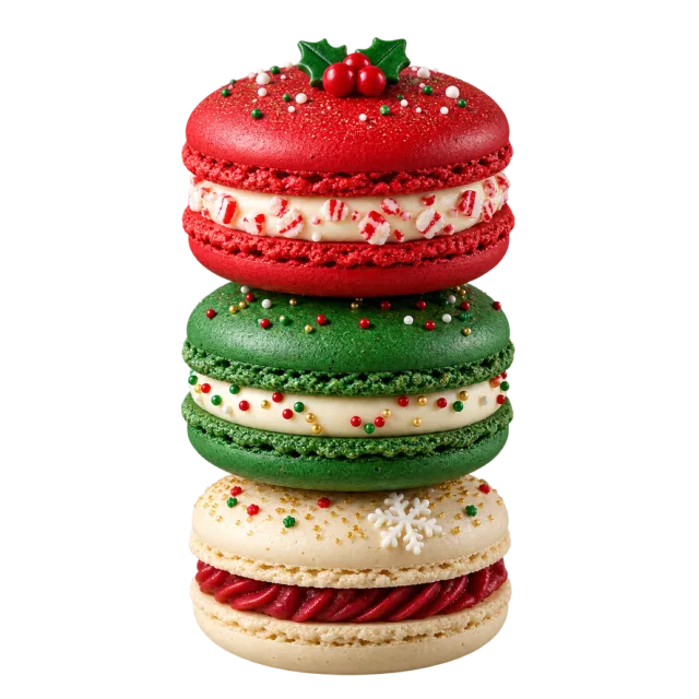 A stack of red, green and cream macarons topped with holly berries