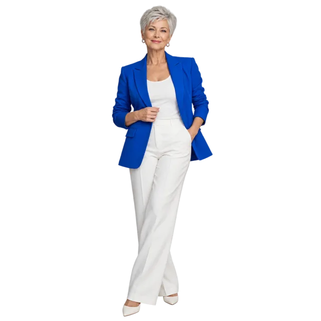 Woman with short silver hair wearing a cobalt blazer and white trousers