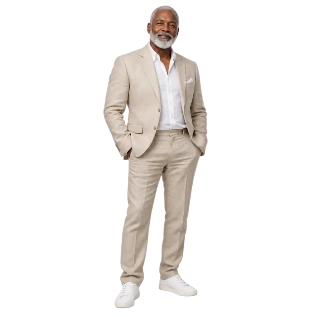 Man with a grey beard wearing a beige suit, open-collar white shirt and white shoes