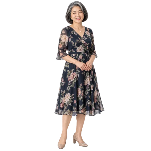 Woman with a grey bob wearing a dark floral midi dress