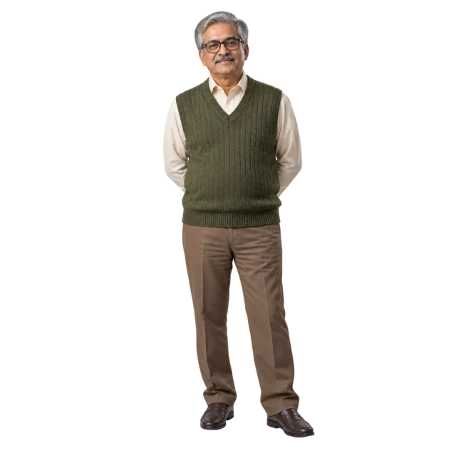 Man wearing glasses, an olive sweater vest, a light shirt and brown trousers