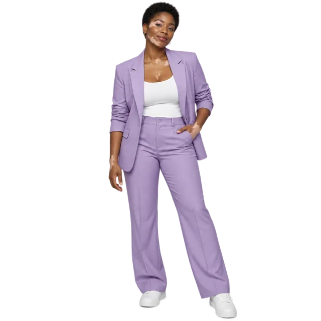 Woman in a lavender pantsuit over a white top with one hand in her pocket