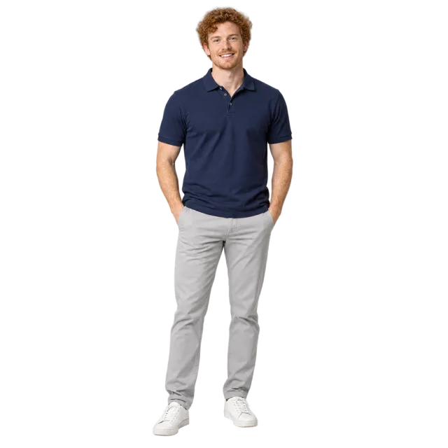 Red-haired man wearing a navy polo shirt, grey trousers and white sneakers