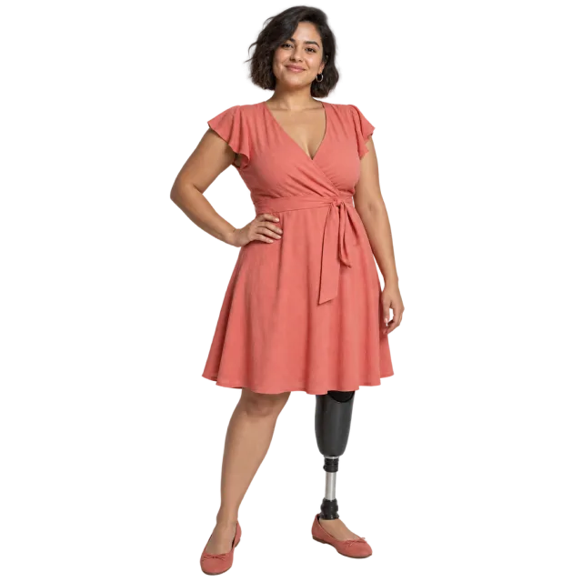 Woman in a coral wrap dress standing with a visible lower-leg prosthesis