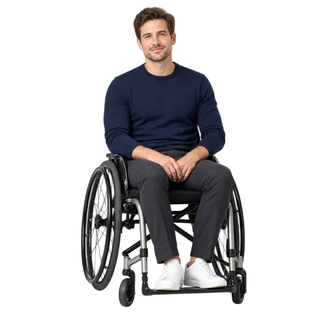 Man seated in a black wheelchair wearing a navy sweater, dark trousers and white shoes