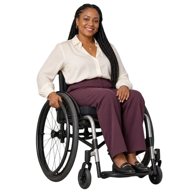 Woman seated in a black wheelchair wearing a cream blouse and plum trousers