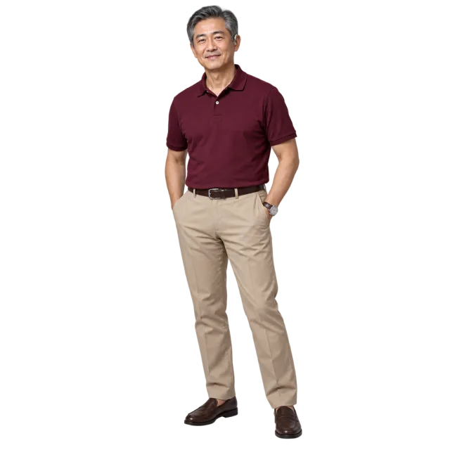 Man wearing a burgundy polo shirt, beige trousers and dark shoes