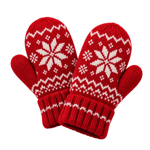 A pair of red knitted mittens with white snowflake patterns