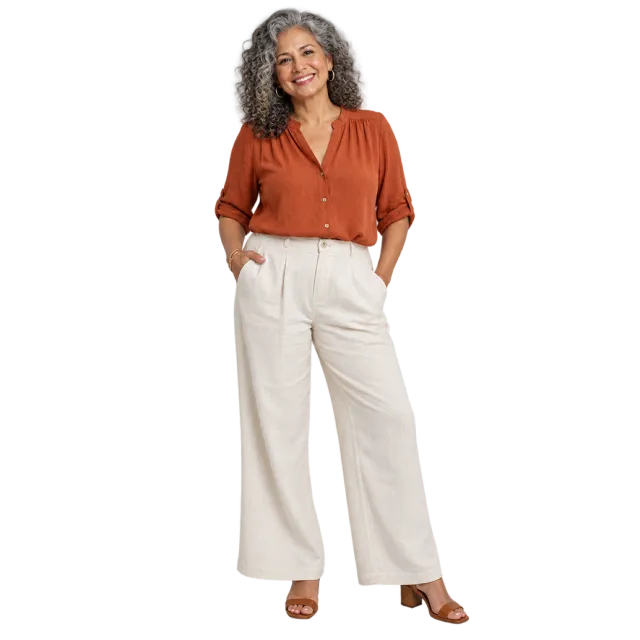 Woman with grey curls wearing a rust-colored blouse and cream wide-leg trousers