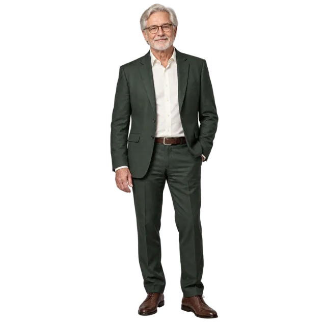 Man with silver hair and glasses wearing a dark green suit and white shirt