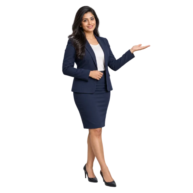 Woman in a navy skirt suit extending one hand with an open palm