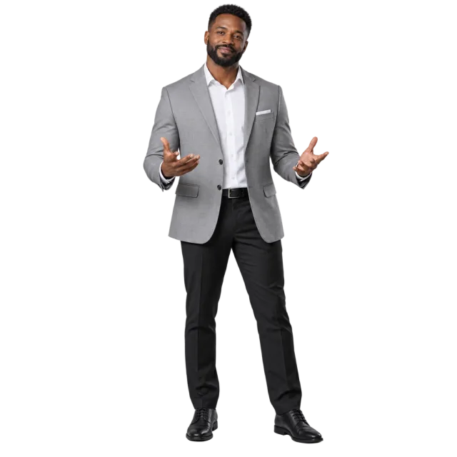 Man in a grey blazer and dark trousers gesturing with both hands open