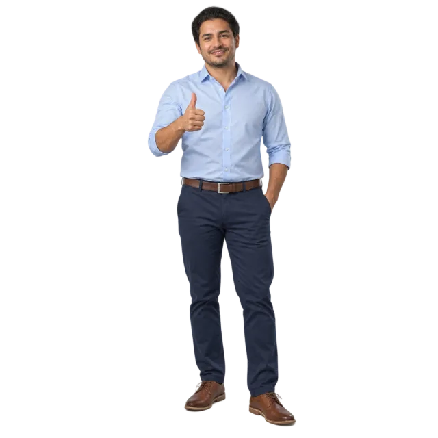 Man in a light blue shirt and navy trousers raising one thumb