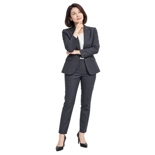 Woman in a charcoal pantsuit standing with one hand resting on her chin