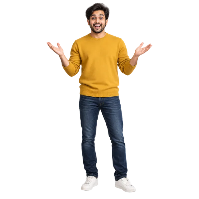 Man in a mustard sweater and jeans raising both hands with an open-mouthed expression