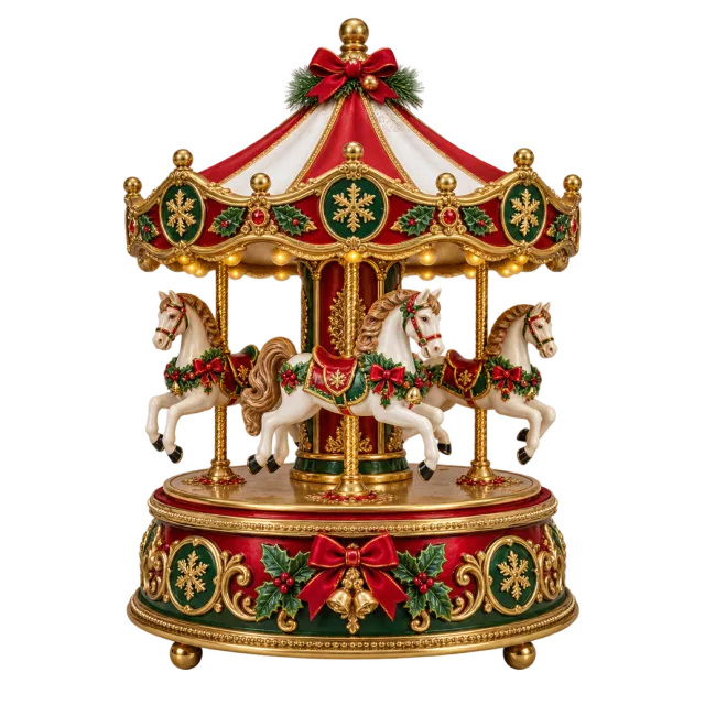An ornate red, green and gold carousel music box with small horses