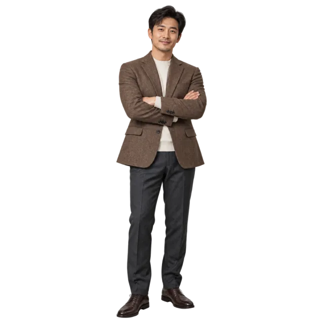 Man standing with folded arms in a brown blazer and dark trousers