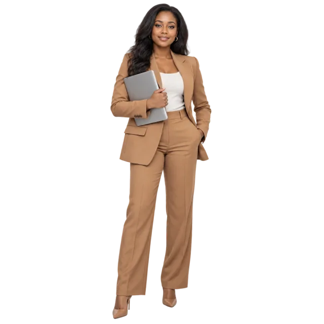 Woman in a tan pantsuit holding a closed grey laptop against her side