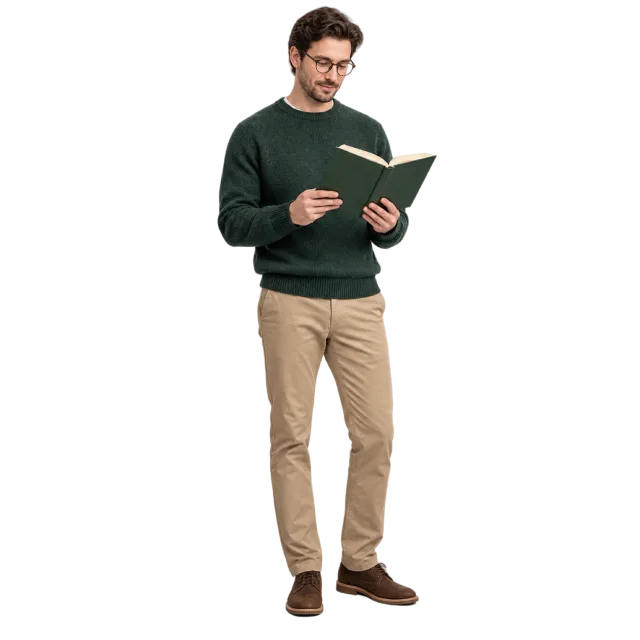 Man wearing glasses and a dark green sweater while reading an open book