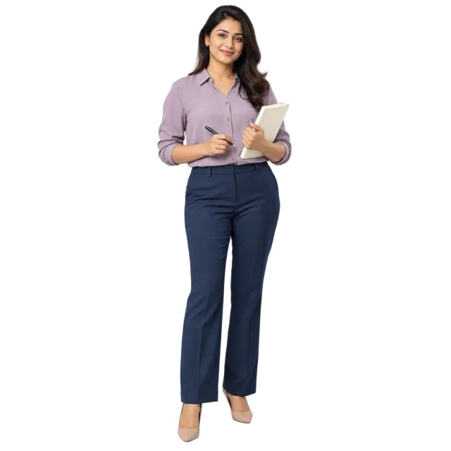 Woman in a lavender blouse and navy trousers holding a notebook and pen