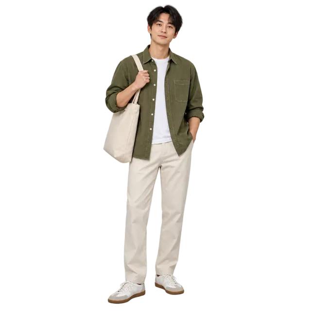 Man in an olive overshirt and cream trousers carrying a light-colored shoulder tote