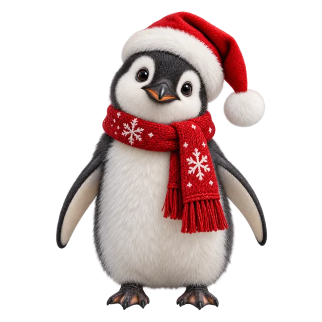 A penguin wearing a Santa hat and a red snowflake scarf
