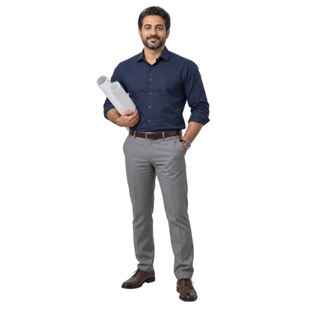 Man in a navy shirt and grey trousers holding rolled sheets of paper