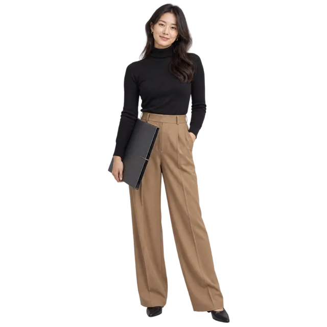 Woman wearing a black turtleneck and tan wide-leg trousers while holding a black portfolio