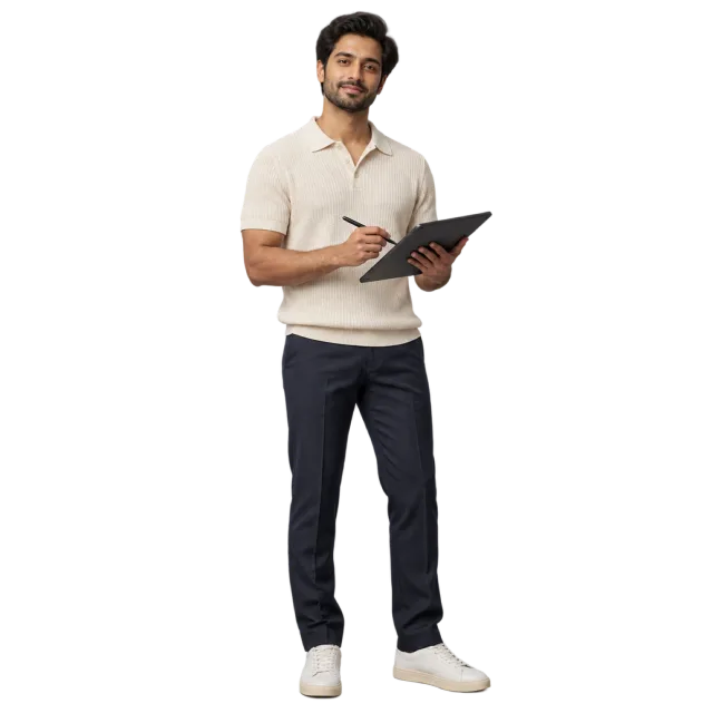 Man in a cream polo shirt and dark trousers holding a tablet and stylus