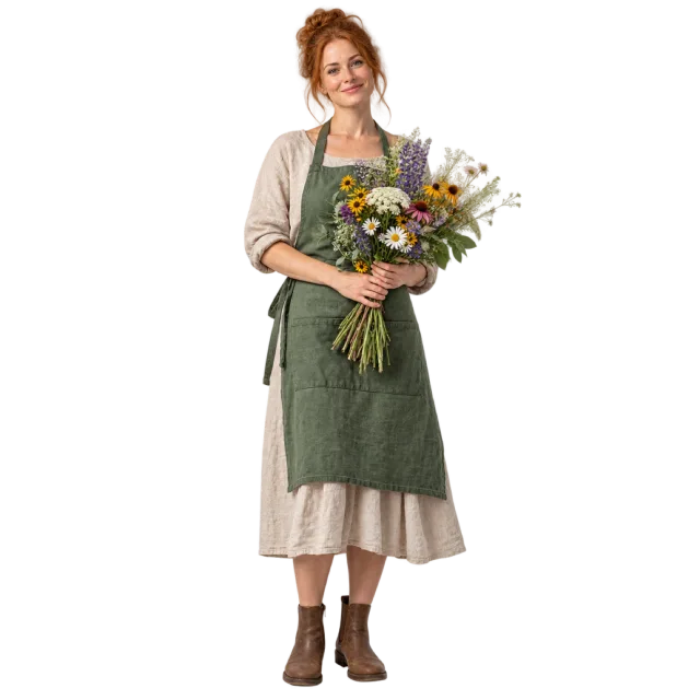 Woman in a green apron holding a mixed bouquet of flowers