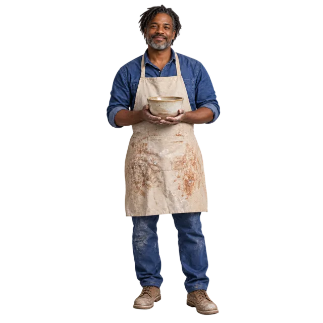 Man in a blue shirt and a marked cream apron holding a ceramic bowl